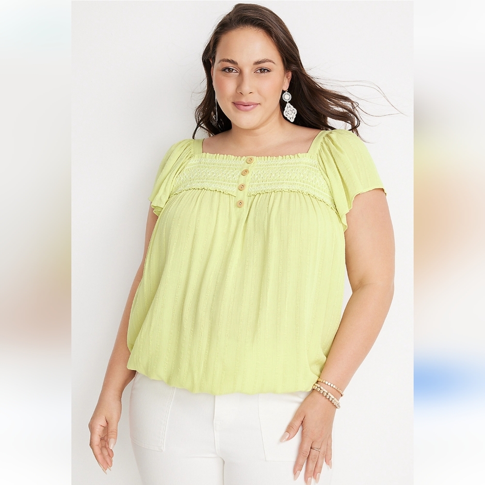 Maurices Smocked Button Front Top – Plus Size 1X | Boho Babydoll Blouse